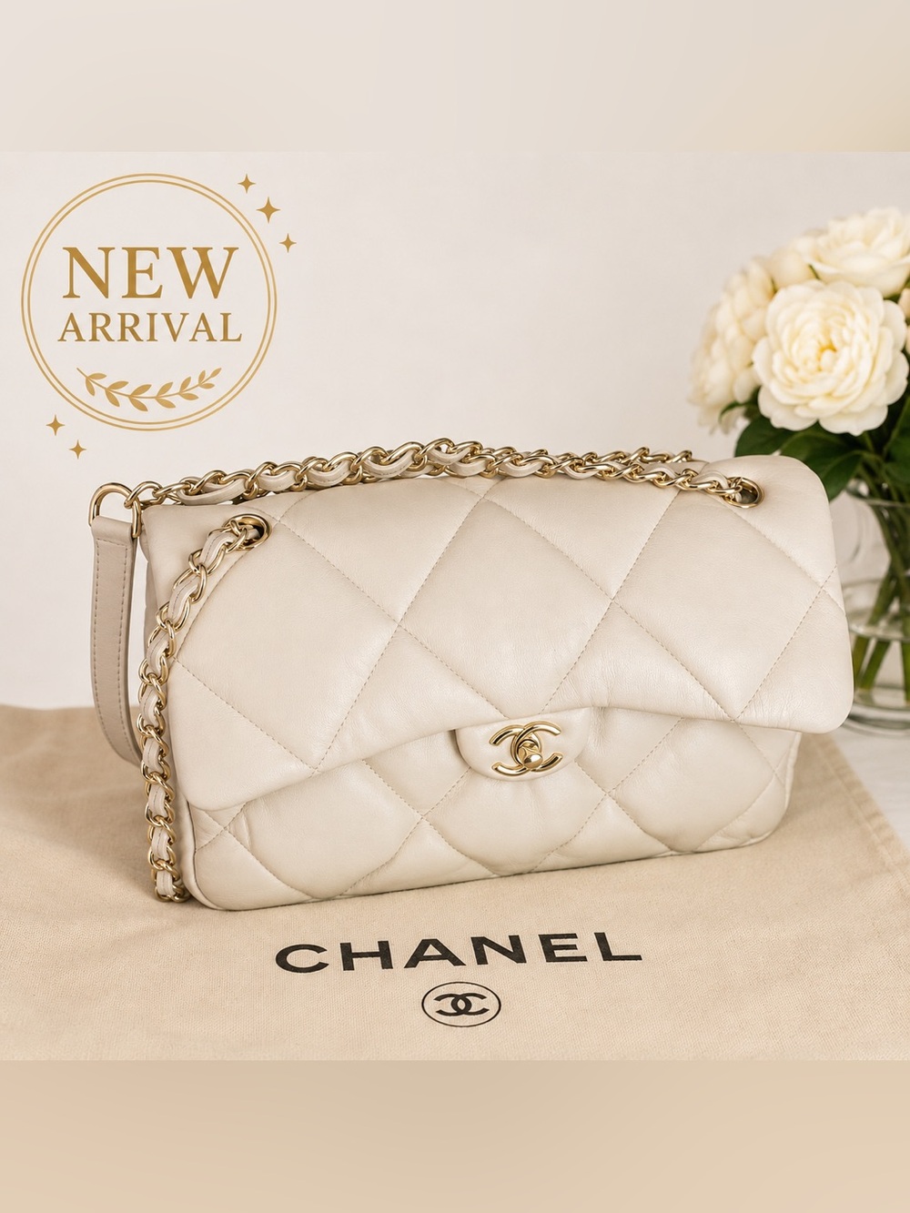 ✨ Women’s 19 Large Flap Bag – Cream/Ivory Quilted Leather ✨